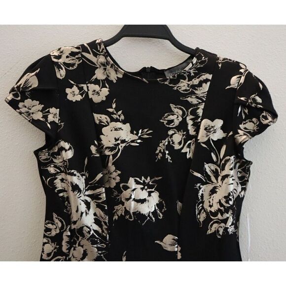 Donna Ricco Women's Sz 2 Black/Gold Tulip Sleeve Lace Hem Fit & Flare Dress - Picture 6 of 12